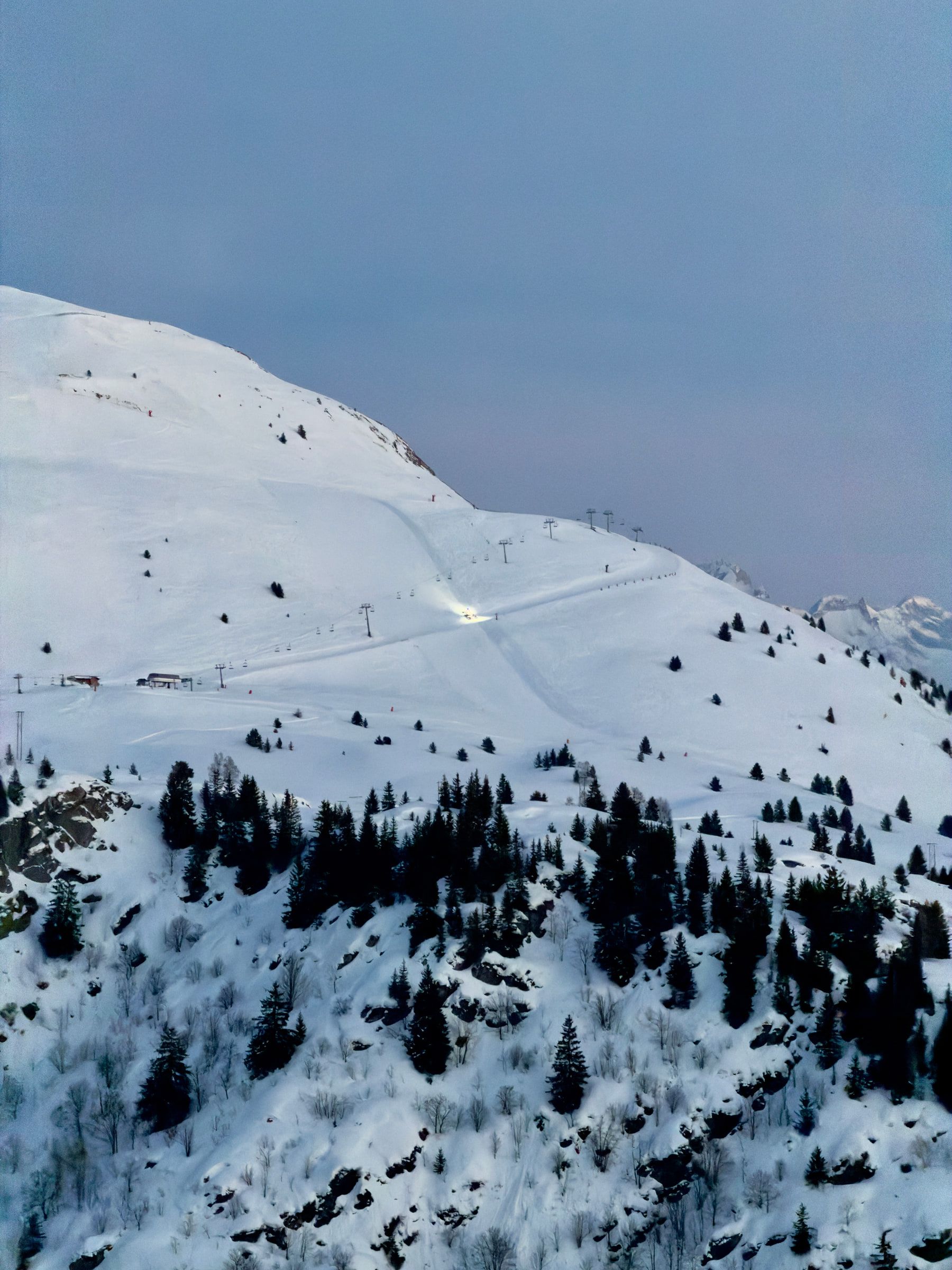A broad snow-covered ski slope scattered with pines, a piste running down its flank