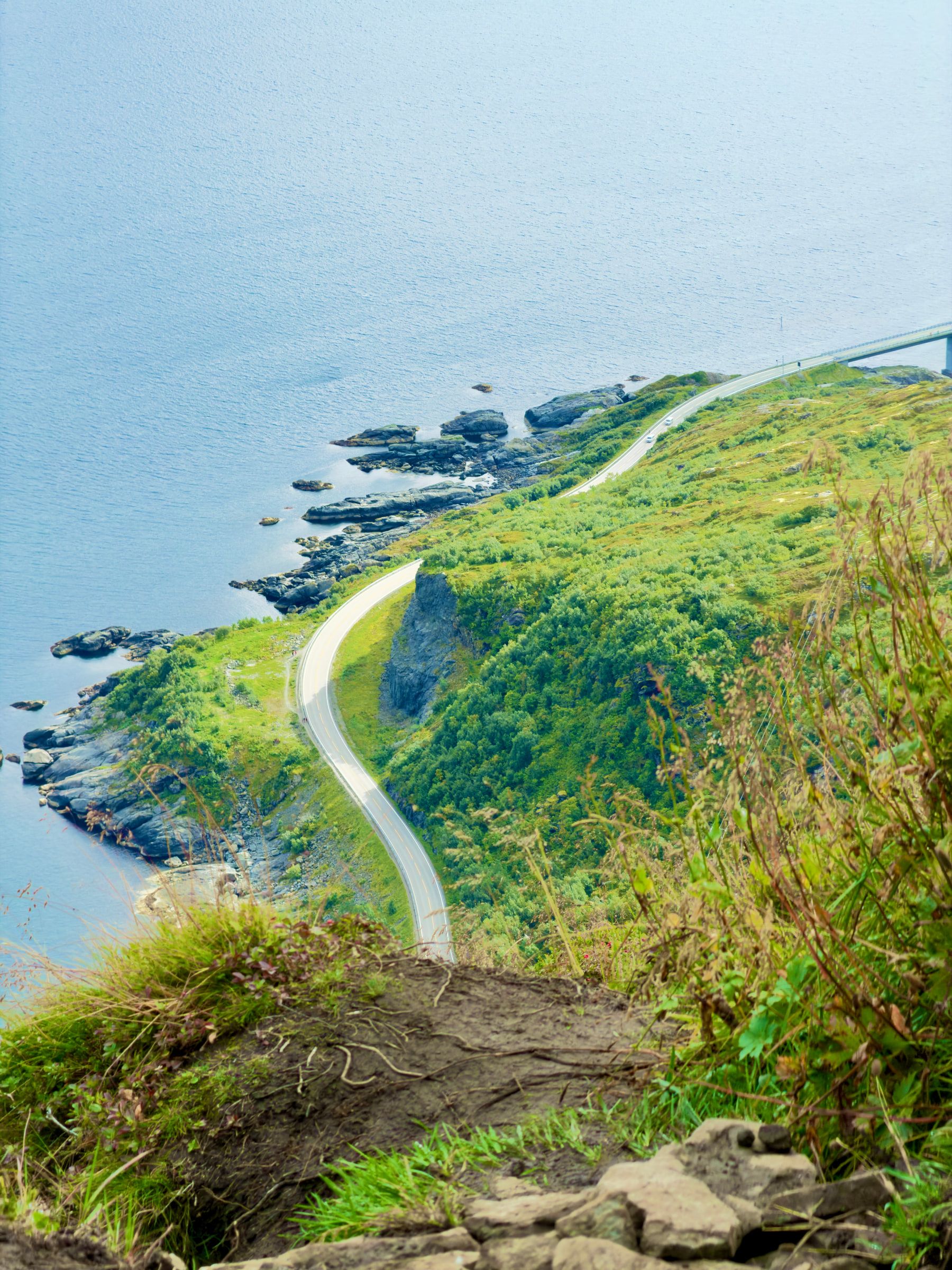 A narrow road curving along a green clifftop above the sea, seen from a rough trail above