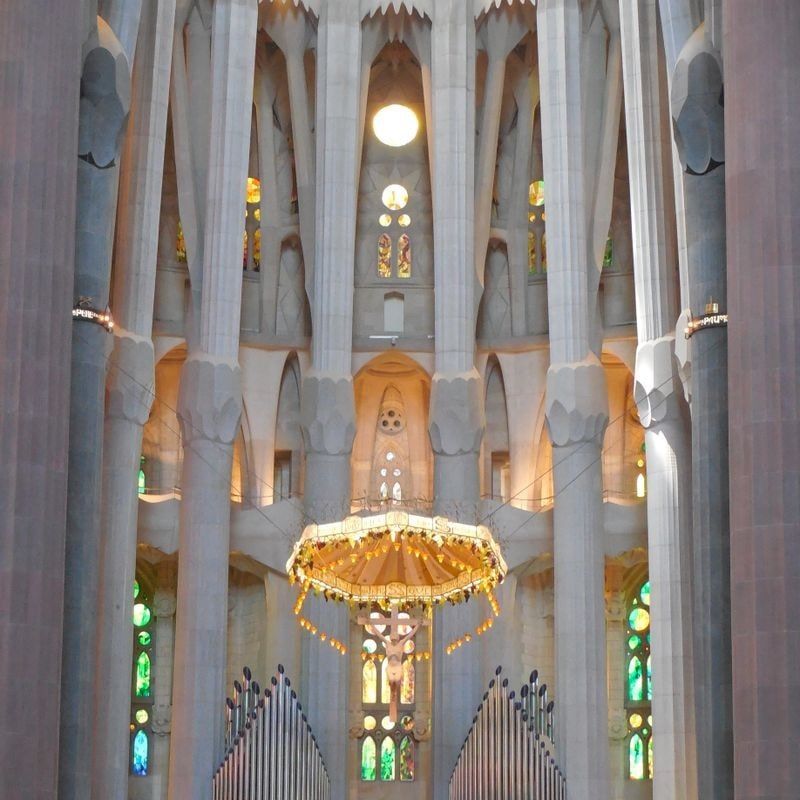 The interior of a basilica where branching stone columns rise into a pale vault, a gilded canopy hanging over the altar