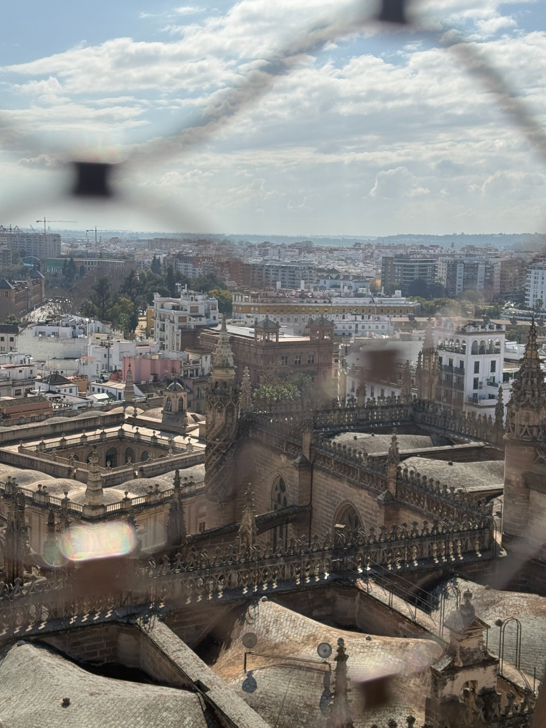 A city of white roofs and a cathedral's pinnacled parapets seen from high up through a scratched, dusty pane of glass