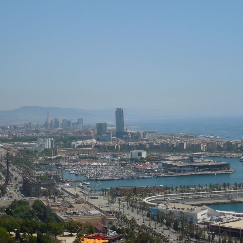 A hazy view over a city port from high ground, breakwaters and a marina below a tower block