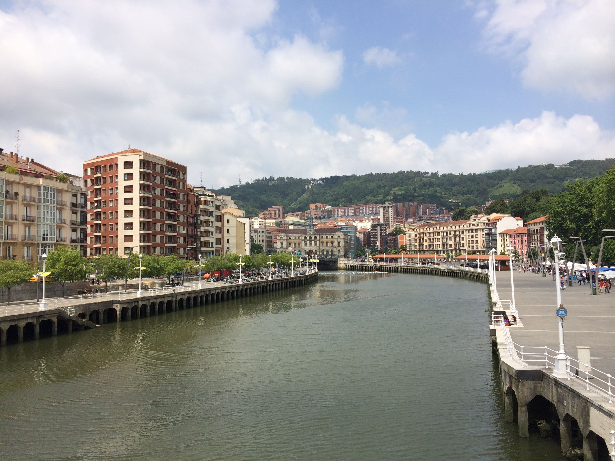 A city river between stone embankments, apartment blocks and green hills behind, bridges crossing in the distance