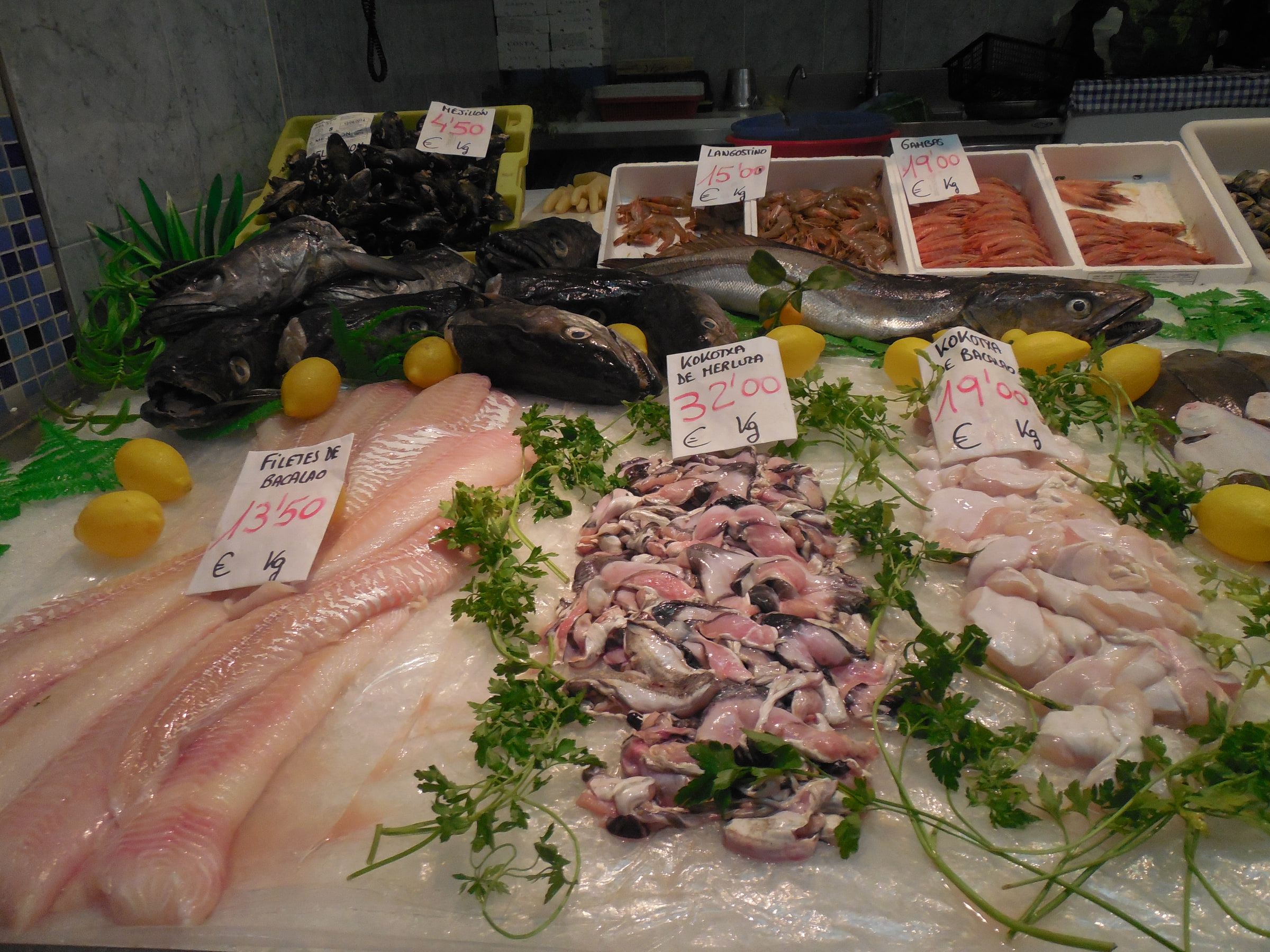 A market counter of iced fish, hake fillets, squid and shellfish with handwritten euro price cards