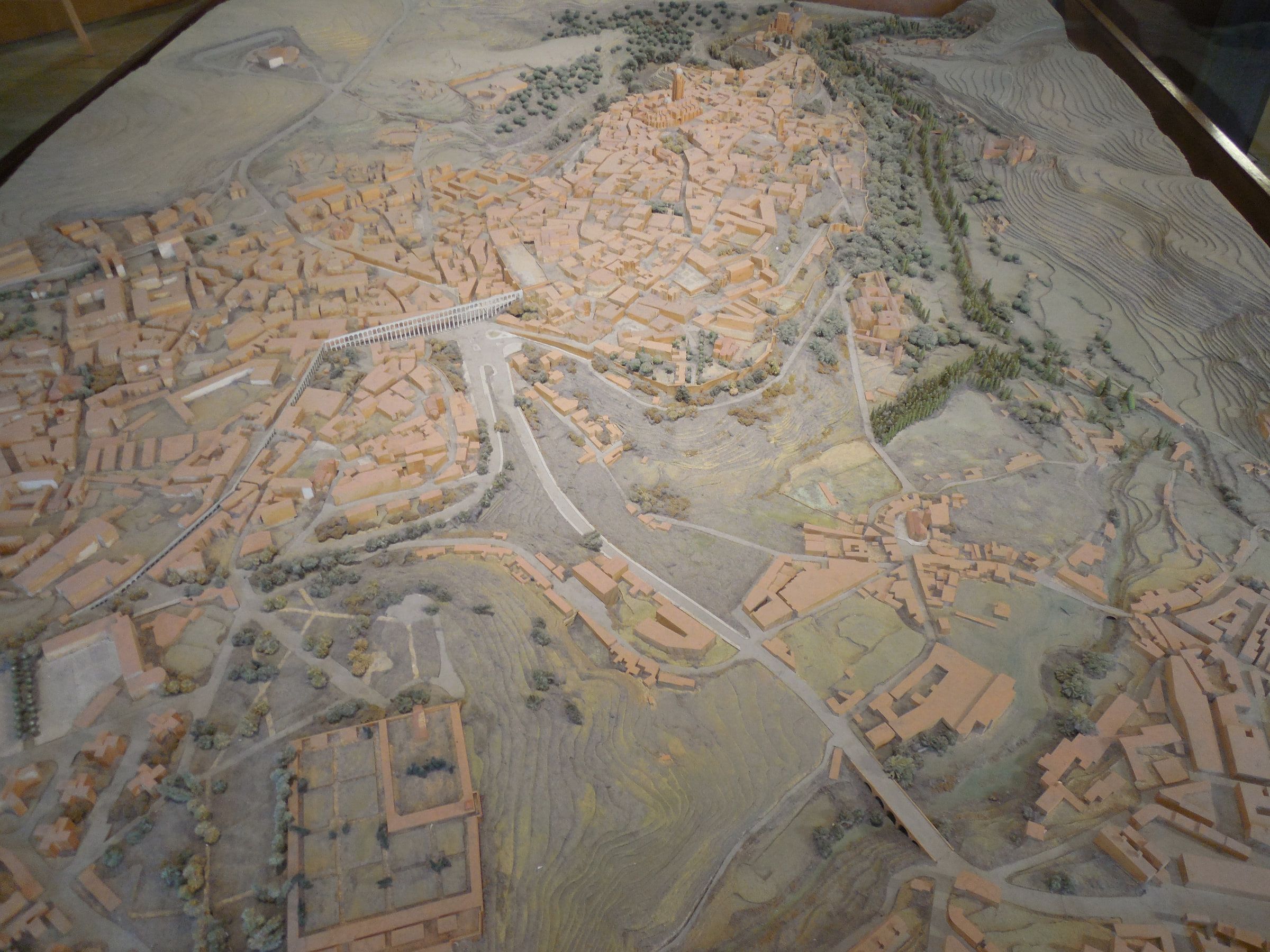 A relief model of a town and the countryside around it, seen from above