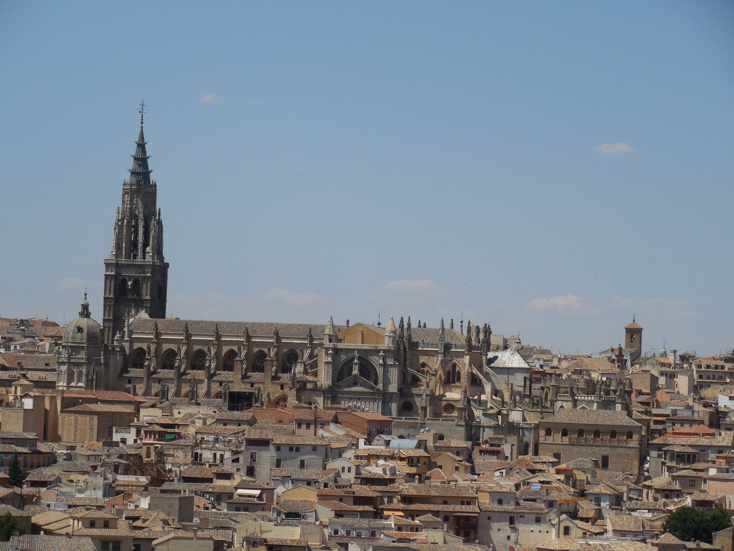 A tall Gothic cathedral spire rising above a dense field of tiled rooftops